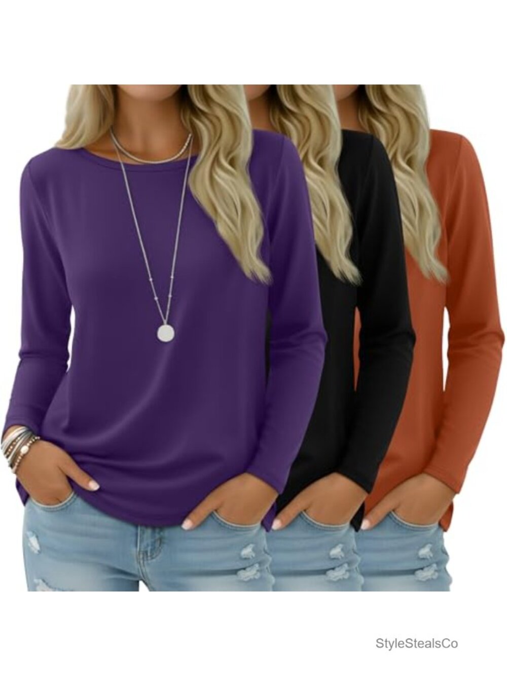 3 Pack Women's Tunic Long Sleeve Boat Neck Shirts Soft Stretch Casual Fit